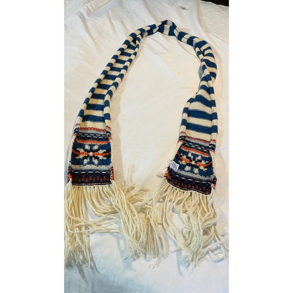 Extra Long 115" Vintage Hollister Lambs Wool Knit Scarf  Fringe Nordic Snowflake - Picture 6 of 8